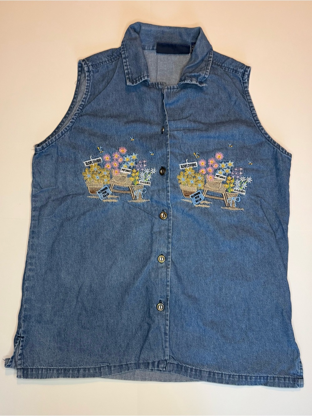Jane Ashley Vintage Blue Denim Top with Floral Garden Embroidery